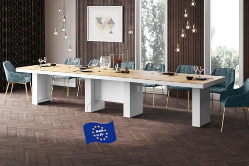 designimpex Design Esstisch HLA-111 Eiche Natur/Weiß Hochglanz ausziehbar XXL 160 cm bis 400 cm Esszimmertisch für 18 Personen Kitchentable Funktionstisch Ausziehtisch Esszimmer Tisch Esszimmermöbel