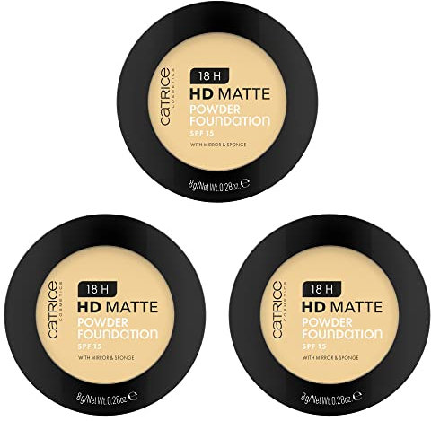 Catrice 18H HD Matte Powder Foundation, Nr. 012W, Nude, langanhaltend, mattierend, matt, für unreine Haut, vegan, ölfrei, UVA- und UVB-Filter + SPF 15, ohne Parfüm, 3er Pack (3x8g)