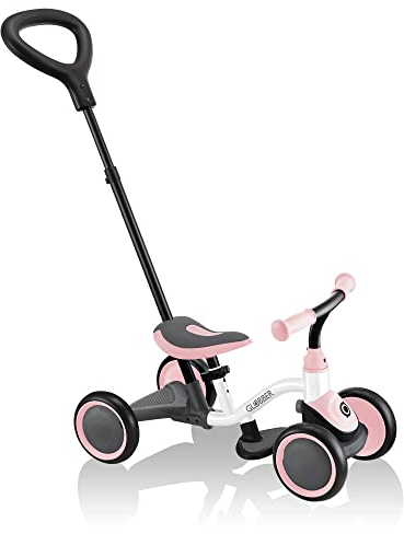 GLOBBER – LEARNING BIKE 3IN1 | 3-in-1 Laufrad für Kinder zwischen 12 und 36 Monaten mit verstellbarem Sattel und Schubstange, belastbar bis 20kg. Umbaubar von 4- auf 3-Räder | Farbe: Pastellrosa