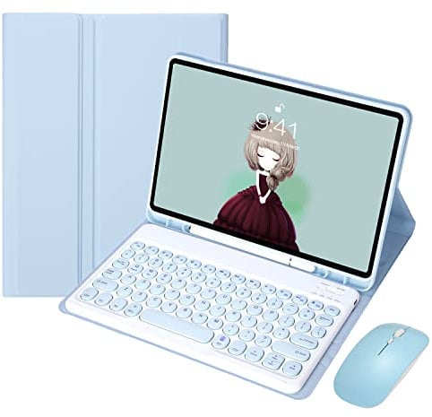 Funda con Teclado Español Ñ para Samsung Galaxy Tab A8 10.5 pulgadas 2022 [SM-X200 / X205 / X207], teclado inalámbrico desmontable magnético con soporte para lápices y mouse Bluetooth ,Sky blue