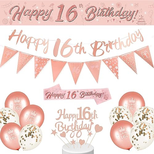 16th Birthday Decorations for girls Rose Gold Pink Banners balloons | 16th Birthday Decorations for girls Her Rose Gold Pink Happy 16th Birthday Banner & Balloons