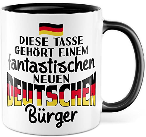 Einbürgerung Tasse Geschenk, Diese Tasse gehört einem fantastischen neuen Bürger Geschenkidee Kaffeetasse mit Spruch Kaffee-Becher Neu Deutschland Einwanderung Willkommensgeschenk (Weiß/Schwarz)