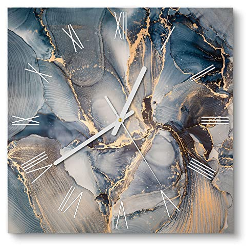 DEQORI Glasuhr | 30x30 cm | Motiv Marmor-Farbspiel mit Gold | ausgefallene leise Design Uhr aus Glas | Wanduhr für Wohnzimmer & Küche | moderne Hingucker Uhr für die Wand