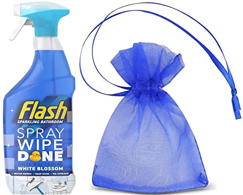 Flash Sparkling Bathroom, Antibacterial Spray Wipe Done, 800ml, White Blossom Scent 1Pk + Our Gift for You: Organza Bag Size: 9 x 7 x 0.1cm