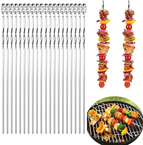 YUNYAN 20 Stück flacher Edelstahl-Grillspieß 30 cm Schaschlikspieße Grillspieße edelstahl Grill Kabob Stöcke BBQ Fleischspieße für Lagerfeuer Grillpartys im Freien