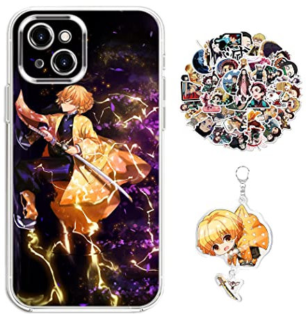 Demon Slayer Zenitsu Anime Design Case - Compatible with iPhone 7/8 & iPhone SE 2022/2020 - Transparent Soft Silicona with Keychain & 50pcs Stickers