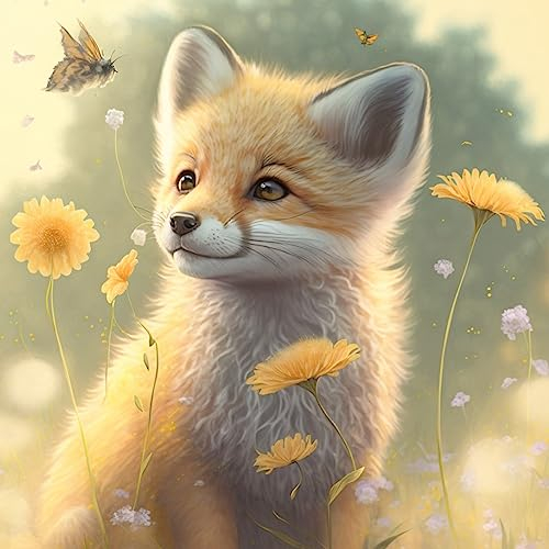 AIRDEA DIY Baby Fuchs Diamond Painting Set Erwachsene Kinder, Blumen Diamant Painting Bilder 5D Diamant Kunst Niedlicher Fuchs Diamant Malerei Set Cross Stickerei Malerei Kits 30x30 cm