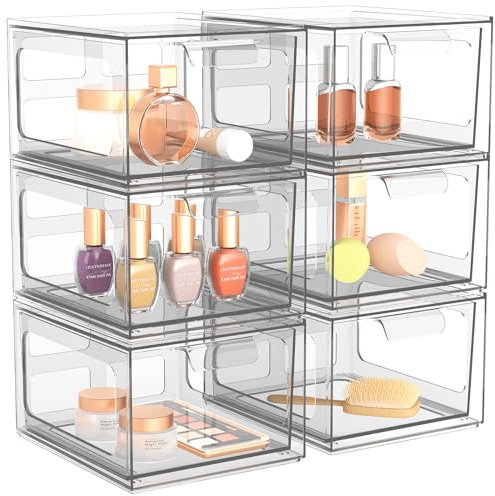 SpaceHacks 6 Pack Stackable Plastic Makeup Organizer Drawers, Acrylic Organizers, Clear Storage Bins with Pull-Out Handles for Vanity, Kitchen Cabinets, Pantry