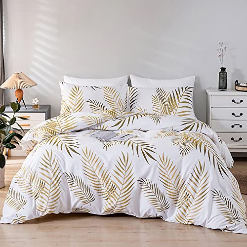 Jemiipee Weiße Bettwäsche-Set mit Tropische Palmblätter Muster, 1 x Bettbezug 135x200 cm mit 1 x Kissenbezug 80x80 cm und Reißverschluss, Weiche 100% Mikrofaser Bettwäsche Modern, Gold Weiß
