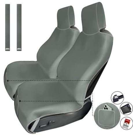 2PCs Verbesserte Verbreiterte Neopren Autositzbezüge Handtuch, Wasserdichte Sitzschoner Universal Rutschfest mit 3 Schnallengurten und Kleine Fronttasche für Hunde Kinder Van LKW SUV (Graugrün)