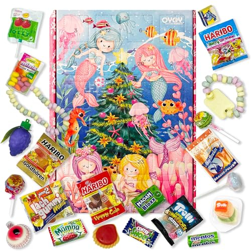 OYOY Adventskalender 2024 Kinder I Meerjungfrauen Design I bunter Kinder Adventskalender Mädchen I 24 unterschiedliche süße Überraschungen u.a. Fruchtgummi Brausen Kaubonbons Lollipops