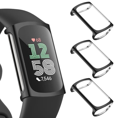 AK 3 Pack Screen Protector Compatible with Fitbit Charge 6/5, TPU Plated Full-Cover Scratch-Proof Protective Case (Black)
