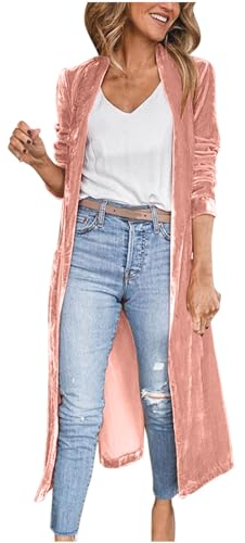 AMhomely Velvet Cardigan For Women Long Velvet Cardigan Plaid Velvet Maxi Duster Cardigans Open Front Trench Coat Velvet Jacket Casual Lapel Collar Open Front Cardigan Coat Long Outerwear Pink L