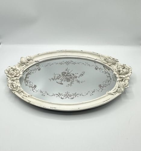 Blanc Mariclo' vassoio a specchio shabby bianco con roselline cm 27x39x4