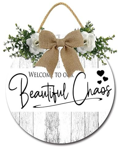 Geroclonup Panneau de porte d'entrée rond en bois « Welcome to our Beautiful Chaos » à suspendre pour une pendaison de crémaillère - 28 cm