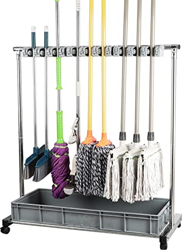 Drain Rack Broom Mop Holder Mop Movable Closet Cabinet Floor-Mounted Mop Rack Tower Holder Storing Large Long Tools Put Wet Mops Movable Floor Holder Stainless Steel Storage Rack