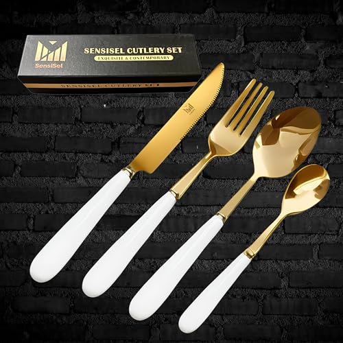 SensiSel 16pc Cutlery Set with Coloured Handles (White & Gold) - Dishwasher Safe - Gift Boxed