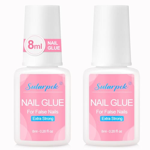 Sularpek 2 Pcs Colle Faux Ongles, 8ml Colle pour Faux Ongles Extra Forte, Nail Glue, Colle à Ongles avec Brosse, Professionnelle Colle Ongle, Colle Capsule pour Réparer et Allonger Les Ongles