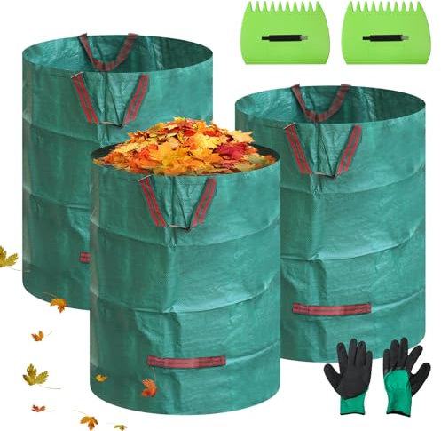 Gemsaya 3x 300L Grünschnittsäcke, Groß Gartensack Laubharke mit Laubharke & Handschuhe, 300L Faltbar Garten Laubsäcke Grünschnittsack für Gras Laub Hecke Gartenabfall, Polypropylen 150GSM