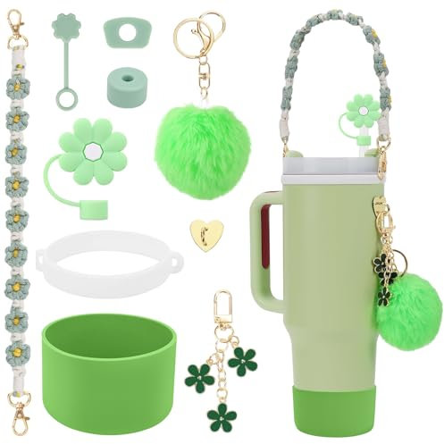 10Stück Stanley Cup Zubehör, 3 Auslaufschutz, 1 Strohhalm Abdeckung, 1 Becherring 1 Wasserflaschen Band, 1 Silikonhülle, 1 Pompon Ball, 1 Schlüsselanhänger, 1 Herzförmiger Haken (Grün Pompon)