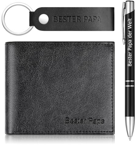 Clabby Papa Geschenk 1 Geldbörse Herren 1 Bester Papa Schlüsselanhänger 1 Kugelschreiber mit Gravur Herren Portmonee Leder Brieftasche für Männer Geburtstag Weihnachten Geschenk Vatertagsgeschenk