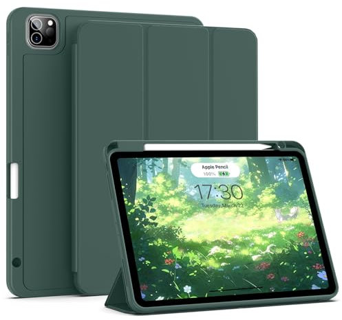 aoub Case for iPad Pro 11 4th/3rd/2nd Generation 2022/2021/2020, iPad Pro 11 Case with Holder, Support Pencil Charging, Soft Silicone Cover, Auto Sleep/Wake, Dark Green