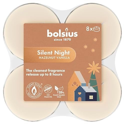 Bolsius - Bougies Maxi Chauffe-Plat Parfumées – Silent Night - Temps de Combustion Long de 8 Heures - Diamètre 60 mm - Extraits Naturels - Contient de la Cire Végétalienne - Sans Huile de Palme