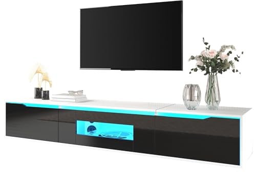 Azkoeesy Hochglanz TV-Schrank mit LED-Beleuchtung, 180 cm Länge, Stehend oder hängend, Fernsehtisch TV-Board Lowboard mit 3 Türen (weiß/Schwarz)