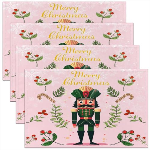 Homemissing Merry Christmas Placemats Set of 4 45X30cm Christmas Nutcracker Bedding Table Place Mats Set For Boys Teens Pink Xmas Deer Elk Decor Placemat for Kitchen Dining Table Decor Indoor Outdoor