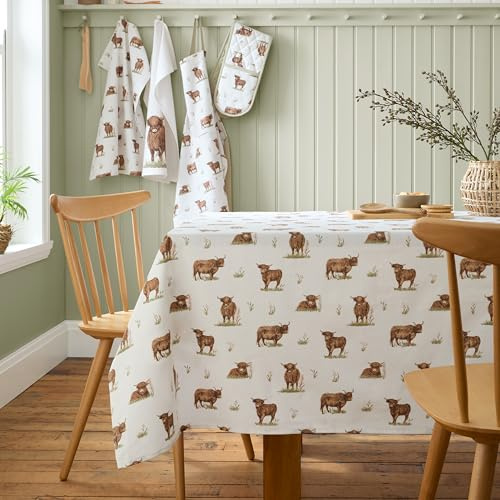 Catherine Lansfield Angus Highland Cow Cotton 137x229cm Table Cloth Natural
