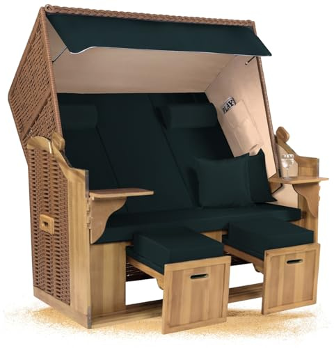 Strandkorb Hanse Ostsee Royal XXL 2,5 Sitzer Volllieger, 150 cm breit, Wacholderholz, Geflecht Natur, zerlegt als Bausatz, 2 Schwenktische, Fußstützen, Bezug Grün Uni