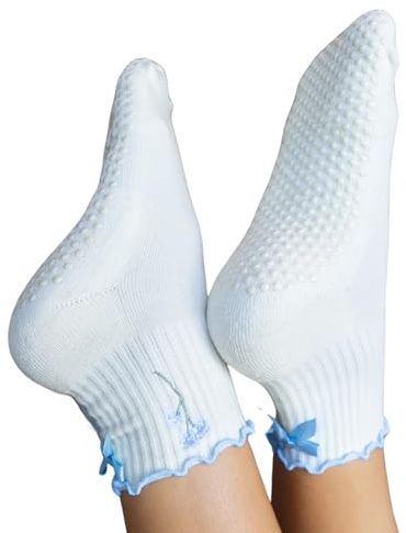 RF&CM Bestickte Socken, Die WEICHSTEN blauen Vergissmeinnicht Pilates-, Yoga- und Grip, Geschenk für Yoga-Liebhaber, Pilates-Socken.