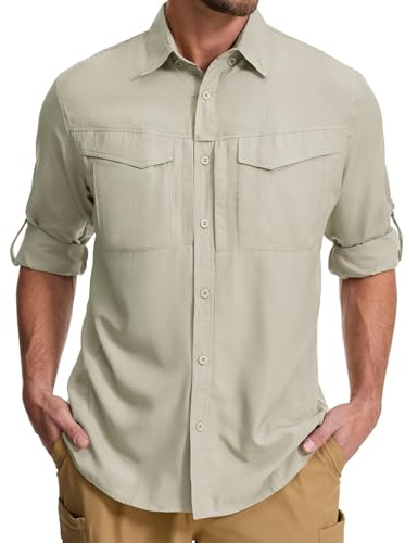 Asfixiado Chemise Pour Homme Safari UPF50+ Protection UV Manches Longues Chemise De Randonnée Fonctionnelle Respirante Séchage Rapide, Kaki Clair, XL