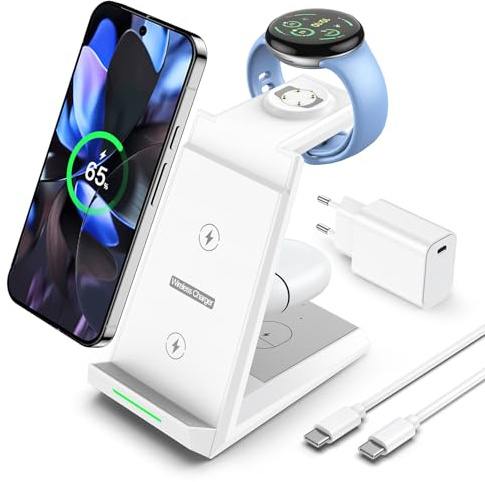 NANAMI induktive Ladestation für Google Pixel Watch 3/2/Fitbit Versa 4/3, 3 in 1 Wireless Charger für Google Pixel 10/10 Pro/9/9a/8/7, induktionsladegerät für Pixel Buds Pro 2(Not for Pixel Watch 4/1)