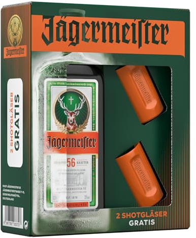 Jägermeister Geschenkset - 0,7l Kräuterlikör mit Shotgläser 2cl - 35% Vol. | 2 x 2cl Likörglas in #CultureOrange – perfekt zum Verschenken und Sammeln - Gefrierfachgeeignet und Spülamschinenfest