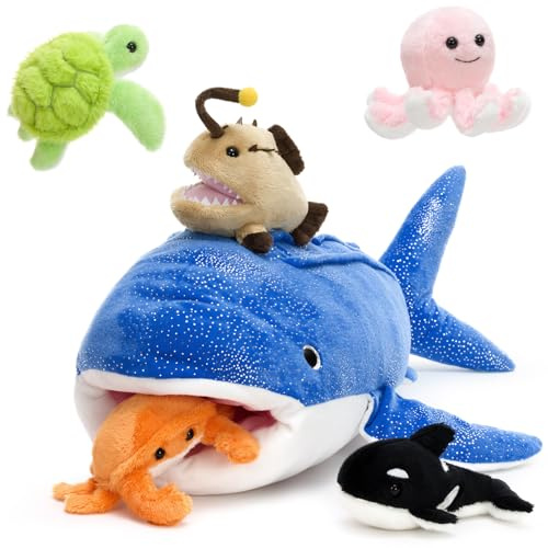 MorisMos groß Walhai Kuscheltier XXL mit kleine Meertiere im Mund-Schildkröte-Krabbe-Krake-Orca, 60cm riesen Walhai Stofftier Plüschtier, Geburtstag Geschenk für Kinder Baby