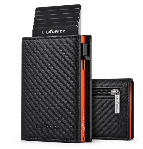 Luxurizz Smart Wallet mit RFID Schutz - Aluminium Slim Wallet Kartenetui Carbon-Orange für 12 Karten - minimalistisches Portemonnaie mit Münzfach & Carbon Optik - dünne Geldbörse für Herren & Damen
