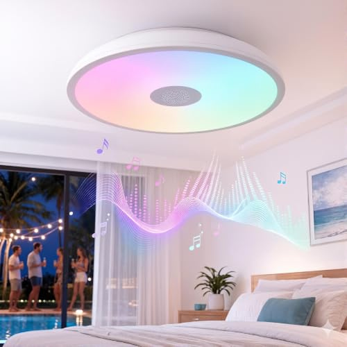 Horevo Badezimmer Deckenleuchte mit Bluetooth Lautsprecher, 24W, 28cm | RGB, Wasserdicht, Dimmbar per Fernbedienung, E27/Einbau, für den Innen- und Außenbereich Sowie für den Balkon Geeignet
