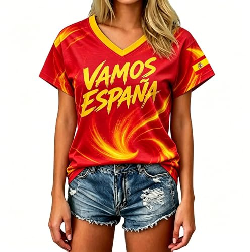 Camiseta del Mundial 2026 para mujer, bandera de España, cuello en V, manga corta, transpirable, ligera, elástica, de secado rápido, de secado rápido, camiseta deportiva para correr