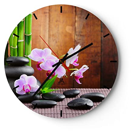 Modern Wanduhr Bambus Dekoration Blume Orchidee 30x30cm Rund Klein Wand Uhr Glas Analog Zimmeruhren Küche Büro Wohnzimmer Glasuhr Wall Clock Dekoration Design Wanddekoration Küchenuhr C3AR30x30-2167