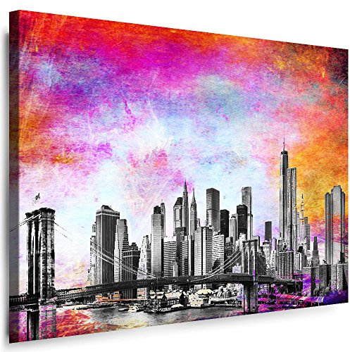 Julia-Art Leinwandbilder New York Wandbild - 80 x 60 cm Querformat Bild - Leinwand mit Rahmen (Leinwandbild) Städte Kunstdrucke Skyline, Turm, Brücke Wanddeko St-01-39