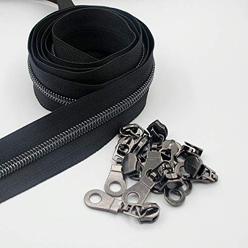 #5 Metallic Nylon Coil Reißverschlüsse 9.1m Schwarz Nickel Zähne Reißverschluss mit 25 Stück Schieber für DIY Nähen Schneider Handwerk Tasche Leekayer