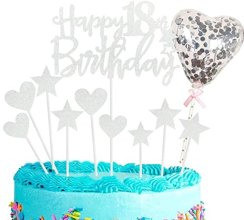11pcs Silver Happy 18th Birthday Cake Toppers,Personalised Cake Topper for Boy&Girl,18th Birthday Cake Decorations Glitter Cupcake Toppers Cake Toppers Kits 5 Star 4 Heart with Balloon