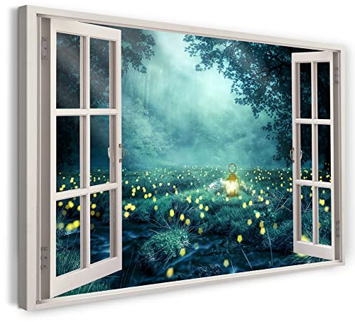 Printistico Bilder Fensterblick 100x70cm Baumwoll-Leinwand auf Keilrahmen mit Aufhänger moderner Kunstdruck XXL Wandbilder Wand-Dekoration Sommernacht 3D Kunst Wald Natur - Natur-Fotografie
