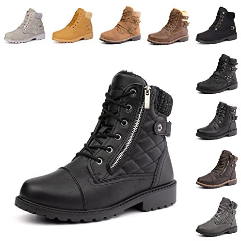 Hitmars Stivaletti Donna Invernali Stivali Scarpe Neve Bassi con Pelliccia Scarponcini Comode Stringati 2 Nero EU 38