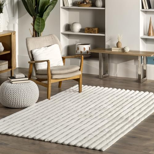 nuLOOM Kai Teppich, Kaninchenimitat, maschinenwaschbar, gestreift, 10 x 15 cm, Weiß