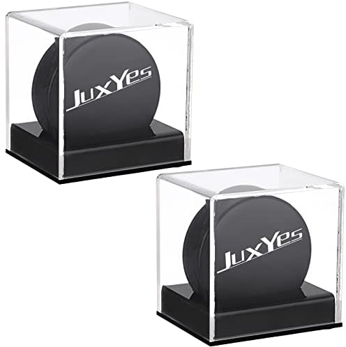 JUXYES Transparente Acryl-Hockey-Puck-Vitrine mit schwarzem Boden, stapelbarer Hockey-Puck-Halter, Vitrine, Würfel, transparent, Eishockey-Puck, freistehende Vitrinen, staubdichte