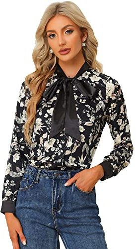 Allegra K Damen Satin Bluse Langarm Krawattenkragen Kontrast Blumen Schleife Bluse Oberteil Schwarz M