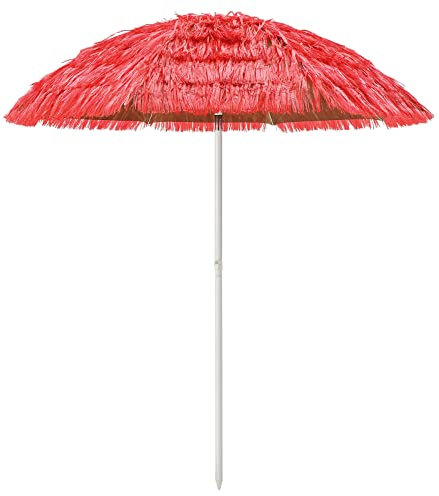 COSTWAY Ombrellone di Paglia 200 cm (Diametro Interno 175 cm), Ombrellone da Spiaggia Pieghevole, Parasole Hawaiano con Inclinabile in Metallo, Spiaggia e Balcone (Rosso)