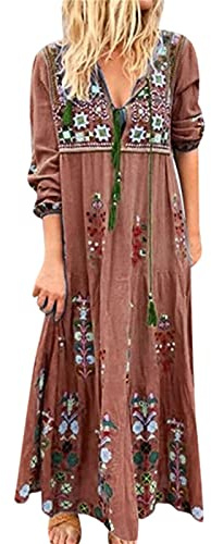 DeaAmyGline Sommerkleid Damen Lang - Boho Kleid Langarm Damen,Maxikleid Damen Sommer V Ausschnitt Blumen Drucken Strandkleid Maxi Langes Kleider Elegant Festlich Ethno Blumenkleid Lose Freizeitkleid